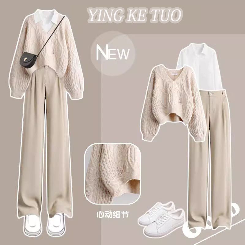 秋冬穿搭一整套装2025新款温柔系洋气毛衣女显瘦休闲西装裤三件套