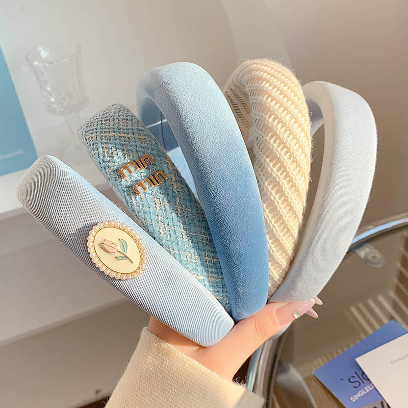 2024新款蓝色发箍发捆发卡女款高级感洋气时尚宽边高颅顶头箍头饰