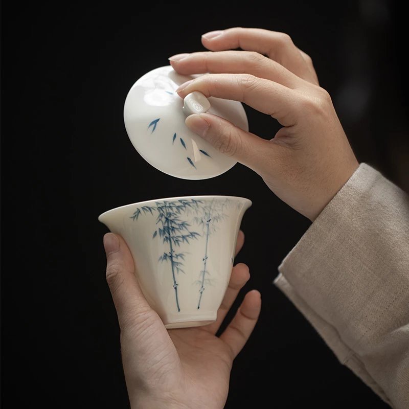 【三柒陶坊】玉泥-青花竹逸有方盖碗