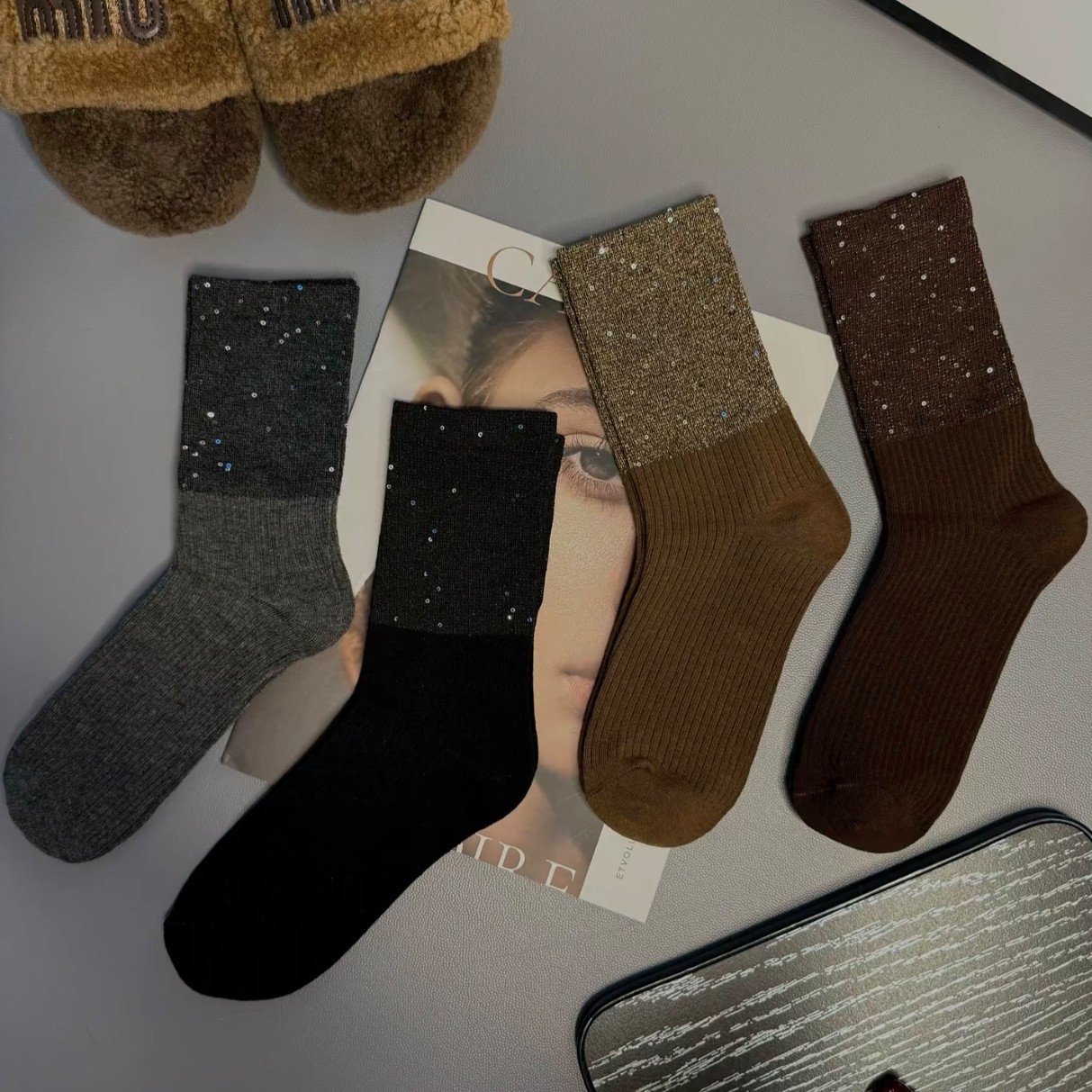南油纯色系亮片饰品袜【4双装】DL-11网红秋冬潮流时尚袜子