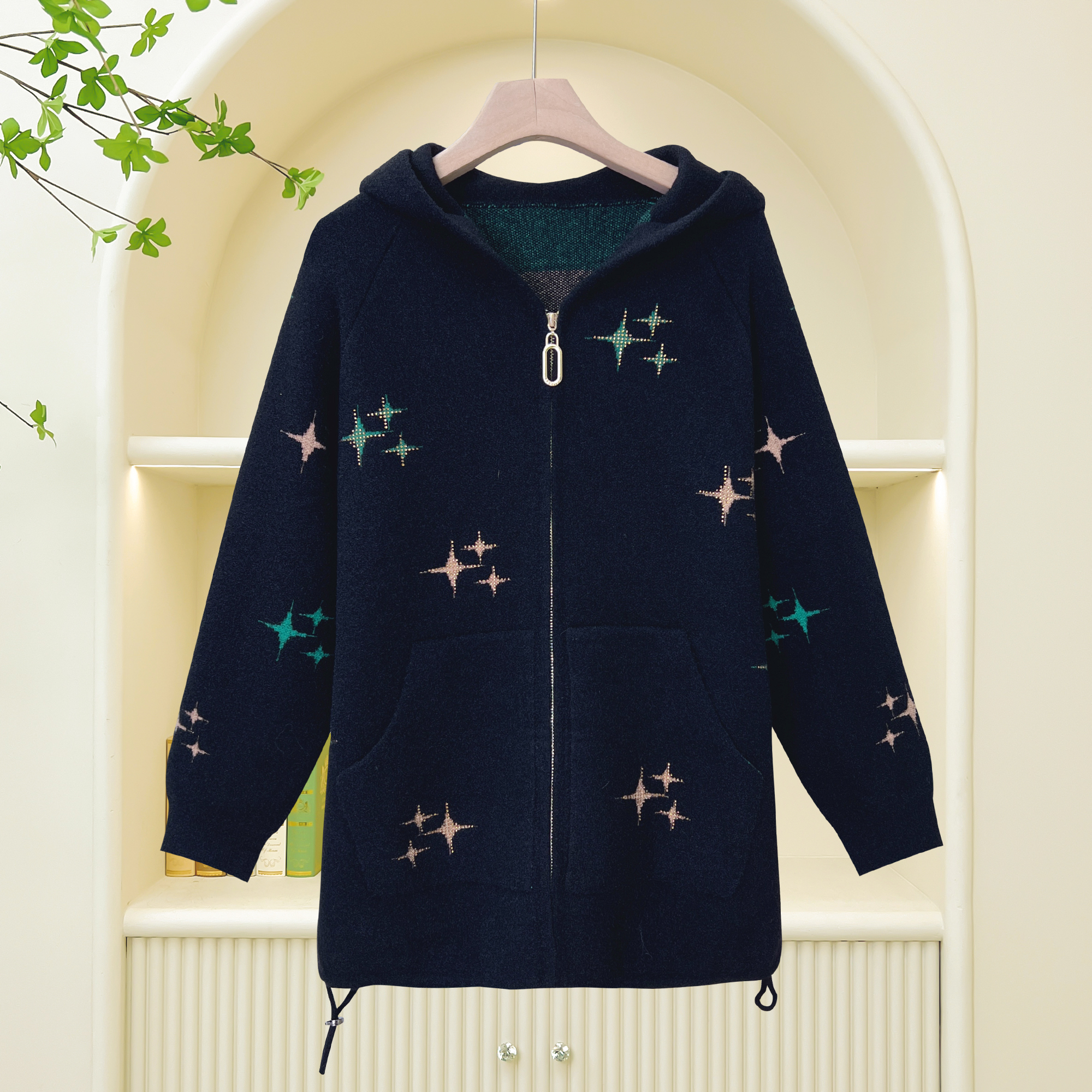 中老年人女妈妈装2024秋季新款连帽针织提花大毛衣时尚奶奶装衣服