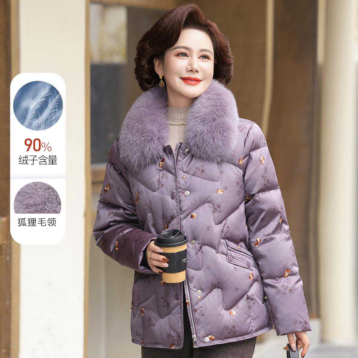 保暖大毛领羽绒服妈妈冬装新款时尚国风中老年女装气质加厚冬季