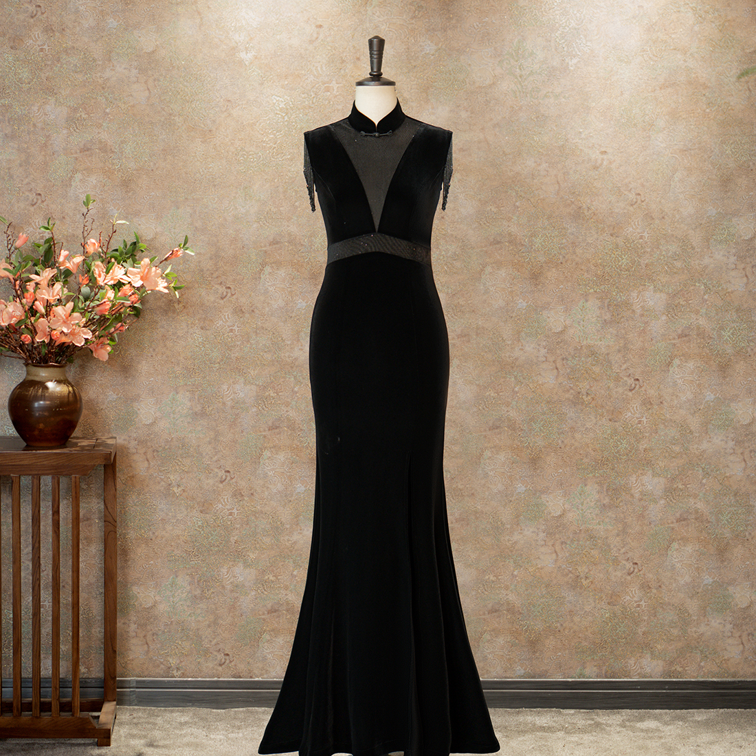 【姚君老师粉丝福利】墨色芊华走秀旗袍走秀中长款连衣裙