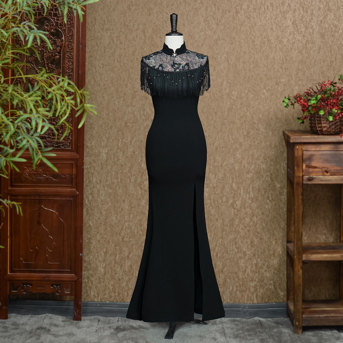 【姚君老师粉丝福利】彩蝶流苏走秀旗袍走秀中长款连衣裙