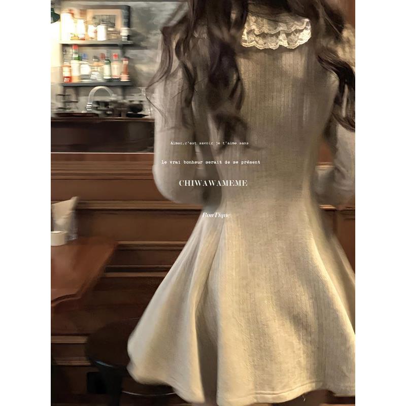 森系连衣裙公主法式蕾丝花边针织短裙子小香风小个子收腰a字长袖