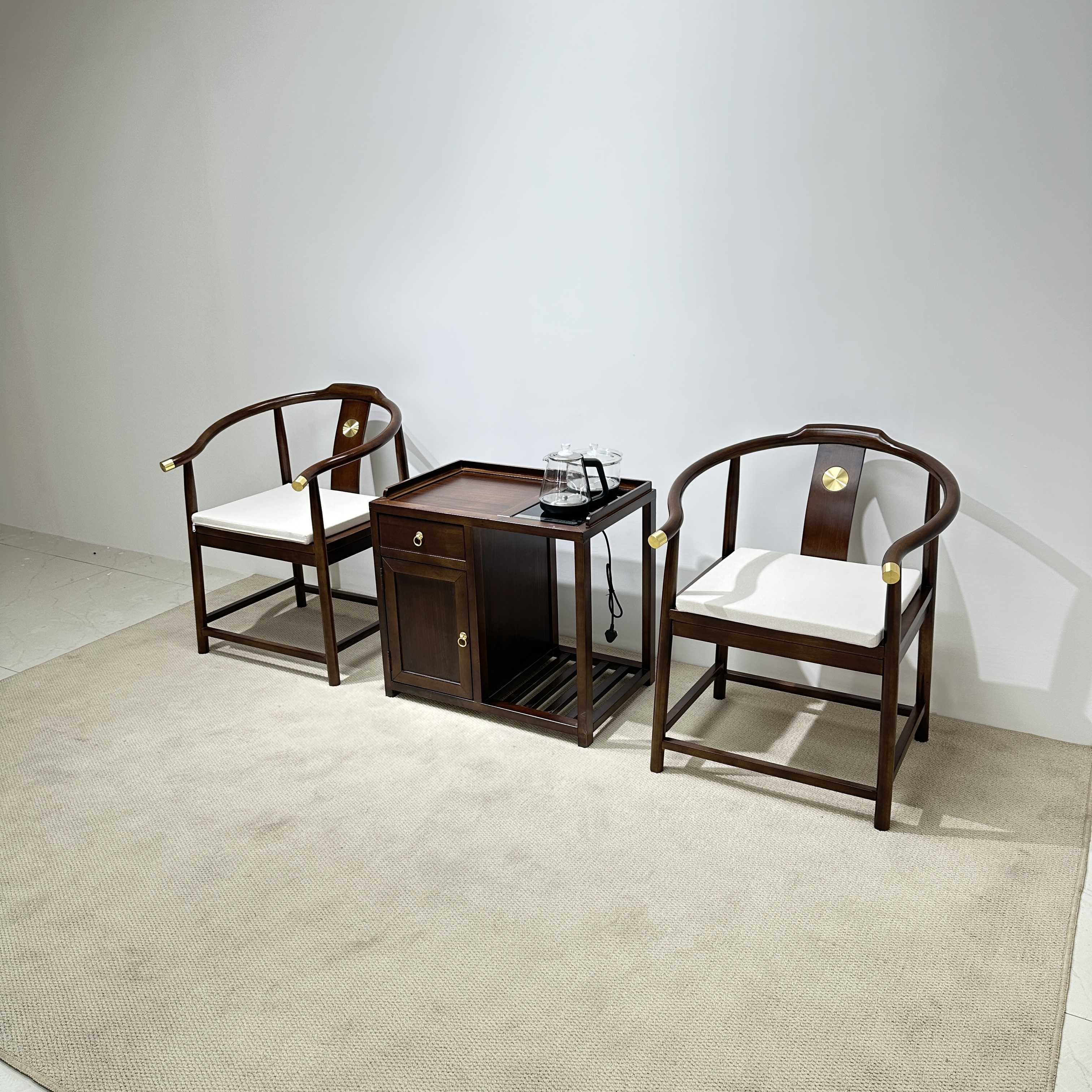 新中式实木椅子3组合皇冠圈椅百福椅3件套靠背椅茶室主人椅茶椅