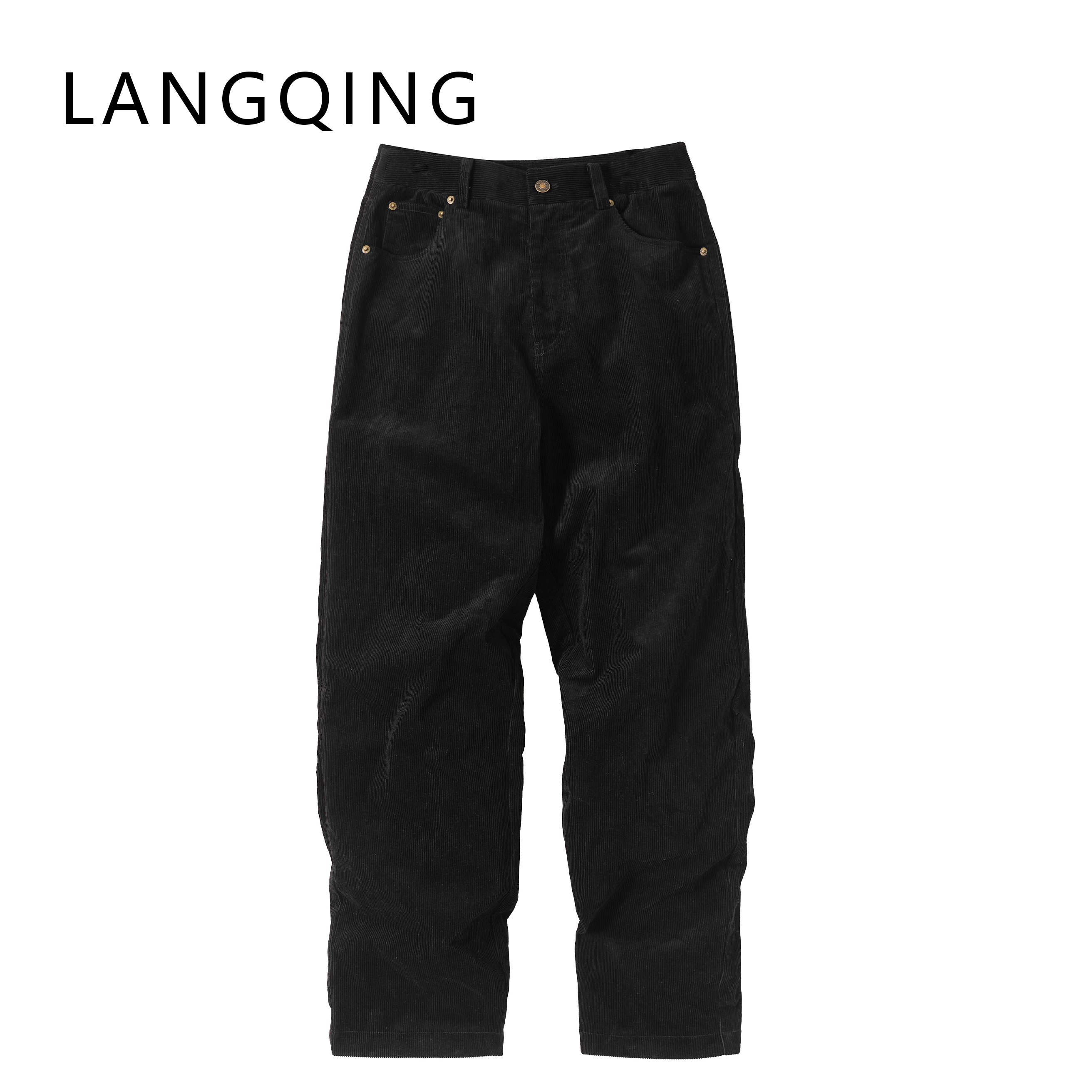 LANGQING 纯棉窄版直筒黑色显瘦阔腿休闲宽松裤子43118/43159#