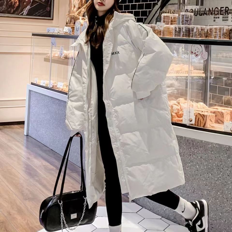 以纯冬季加厚长款羽绒服女2023年宽松韩版过膝连帽白鸭绒时尚保暖