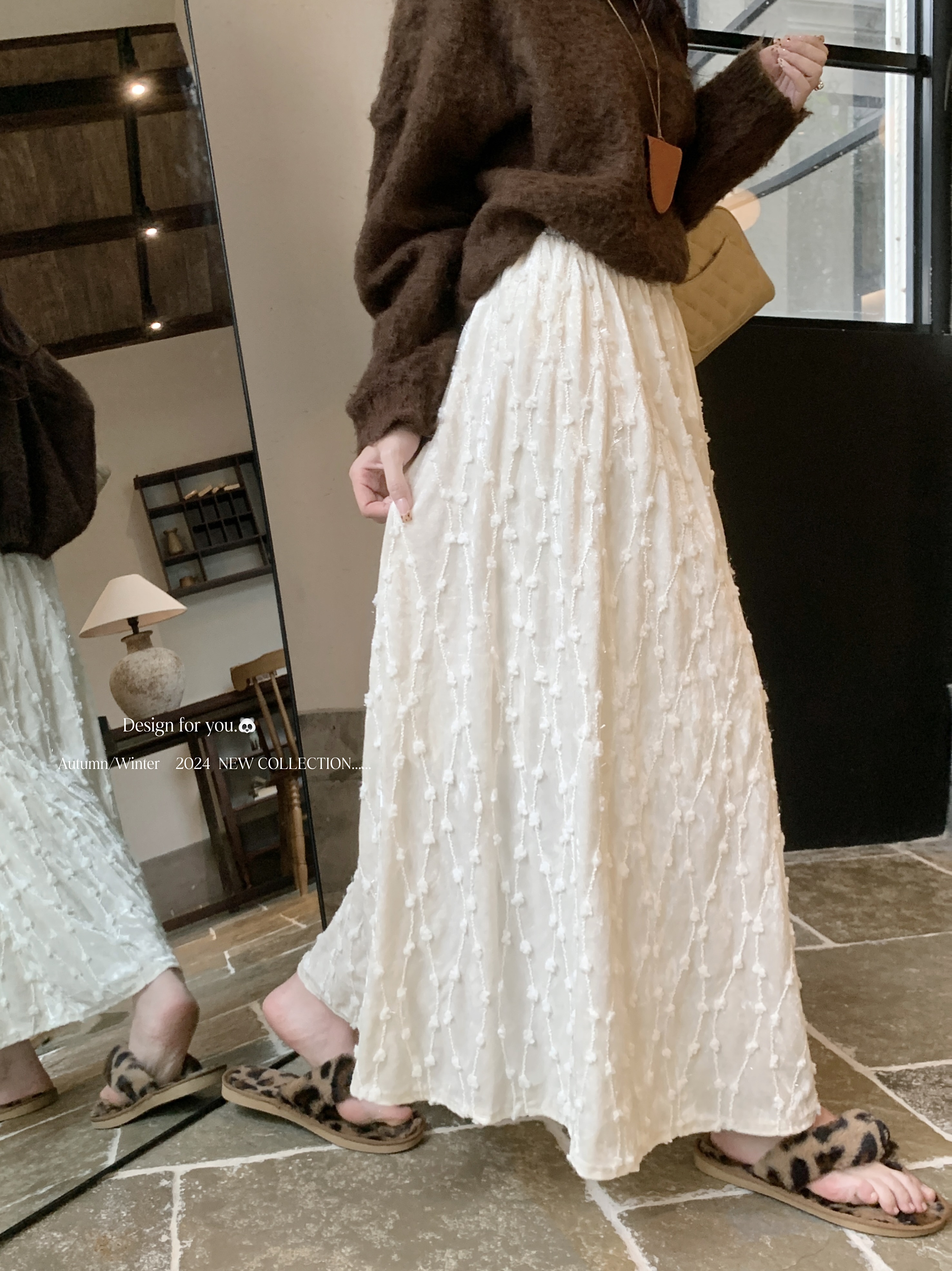 气质立体提花半身裙A字女秋冬高腰垂感显瘦大摆裙中长款伞裙G131