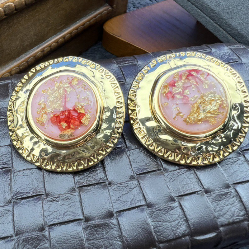 合金耳饰 复古宫廷风圆形金箔干花24K真金银针耳饰耳钉 