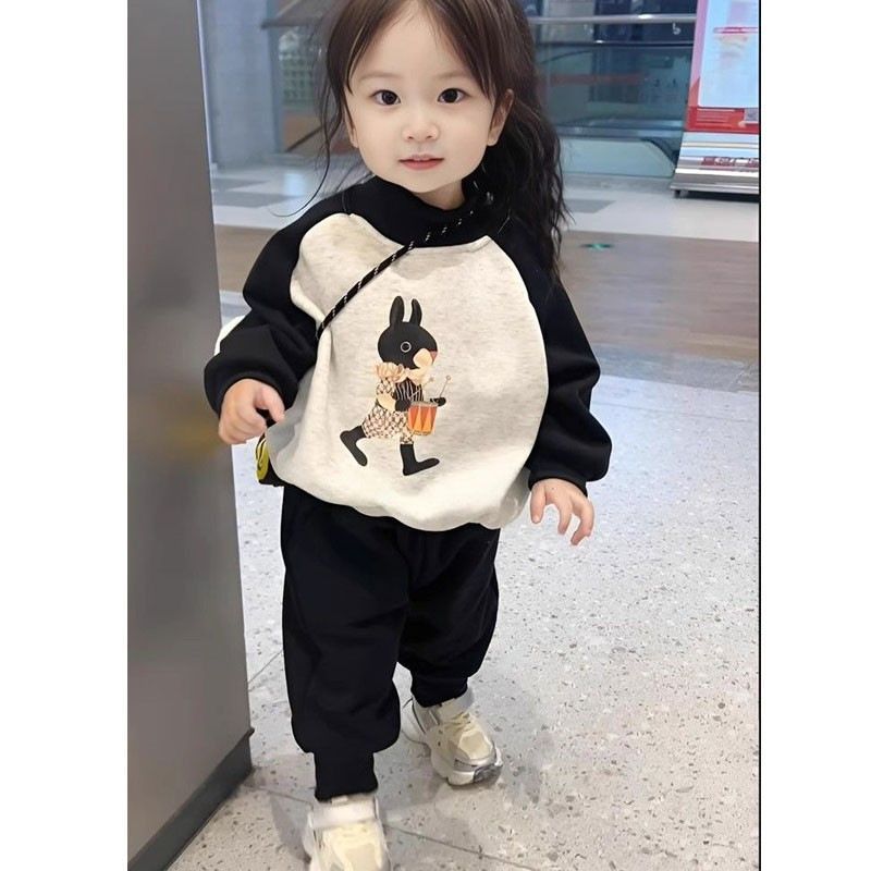女童春秋卫衣卫裤男童两件套2024秋冬季新款小童拼接上衣长裤韩版
