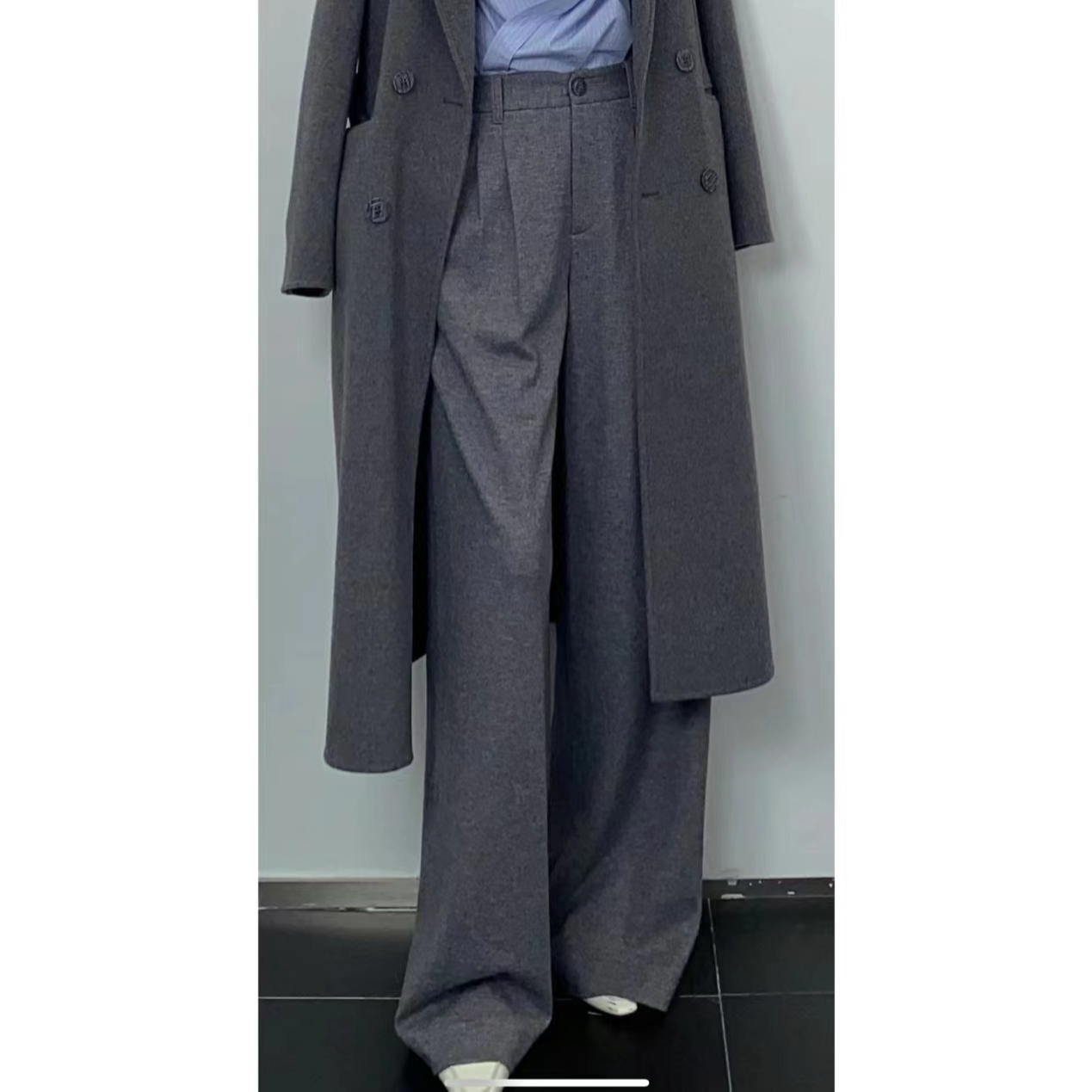 阿玛施高级灰气场全开百搭神裤高腰捏褶灰色直筒阔腿裤5100661