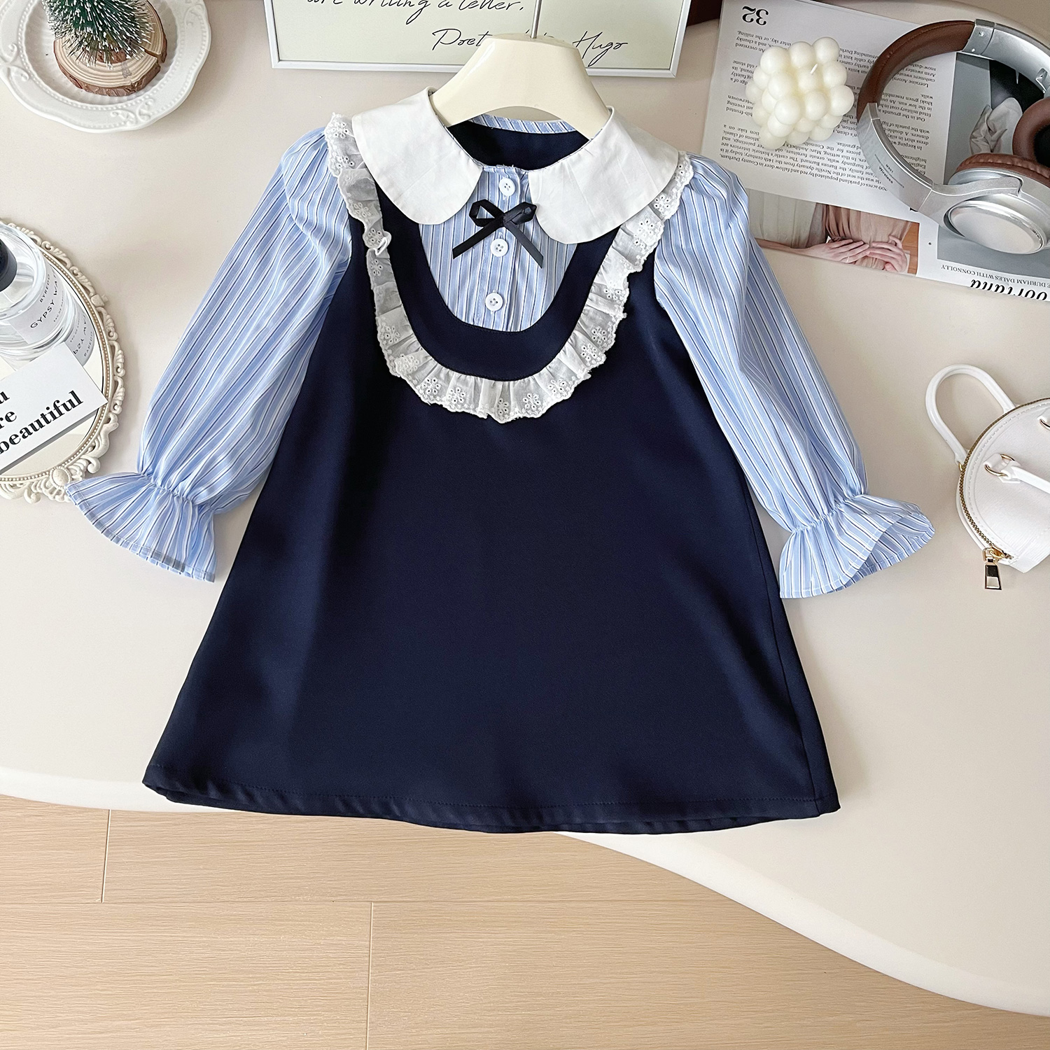 【森系·晴天】女童春季新款韩版时尚女宝学院风假两件连衣裙Q67507