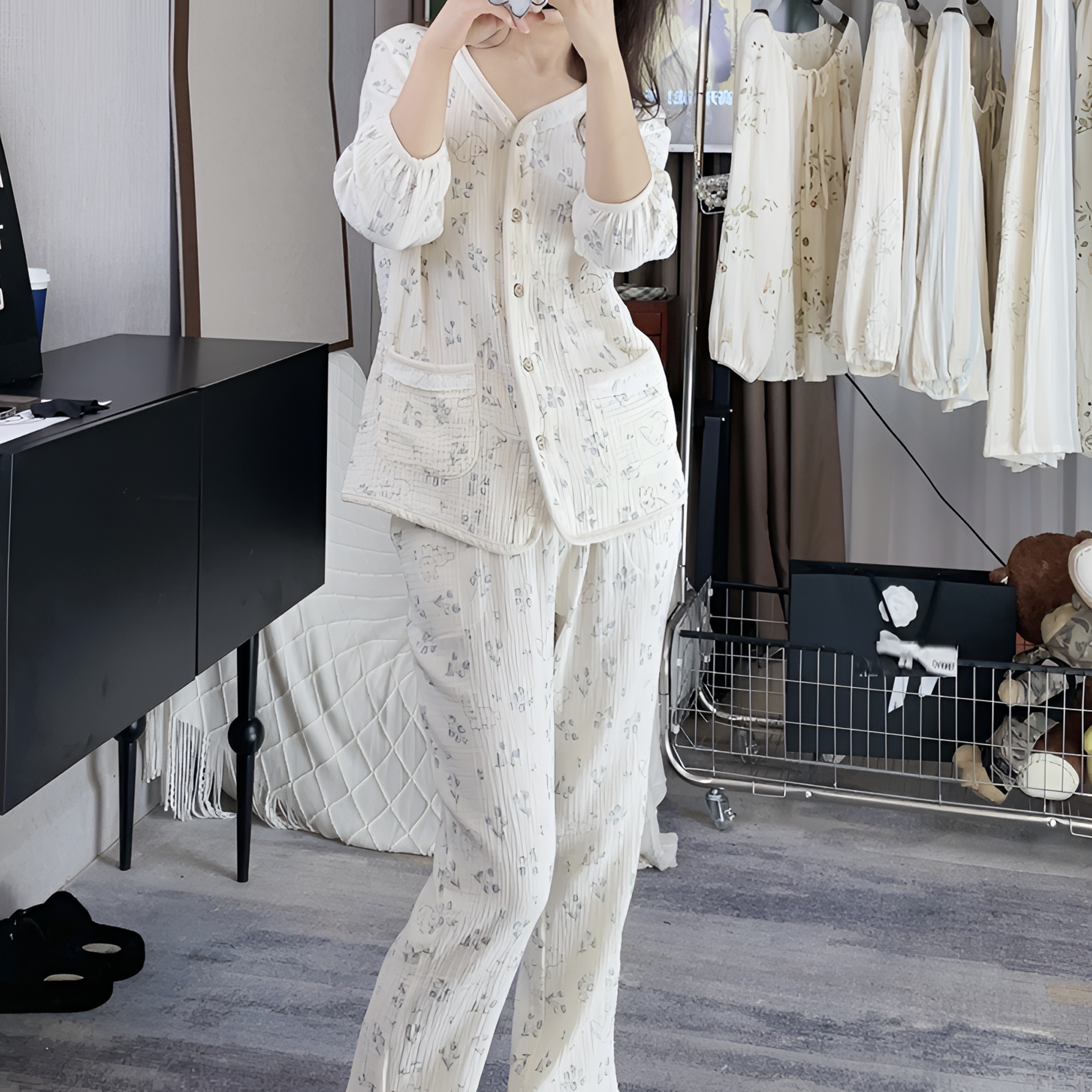夏季新款纯棉双层棉纱布100%全棉A类睡衣女套装高档七分袖家居服