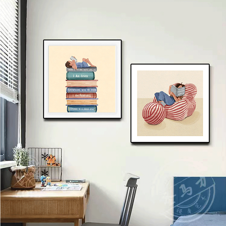 79爱读书的大人孩子儿童房装饰画卧室床头客厅壁画书房看书挂画