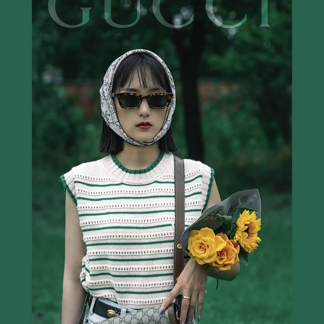 全新未使用 GUCCI/古驰 白绿条纹羊毛针织马甲背心/M码/全新
