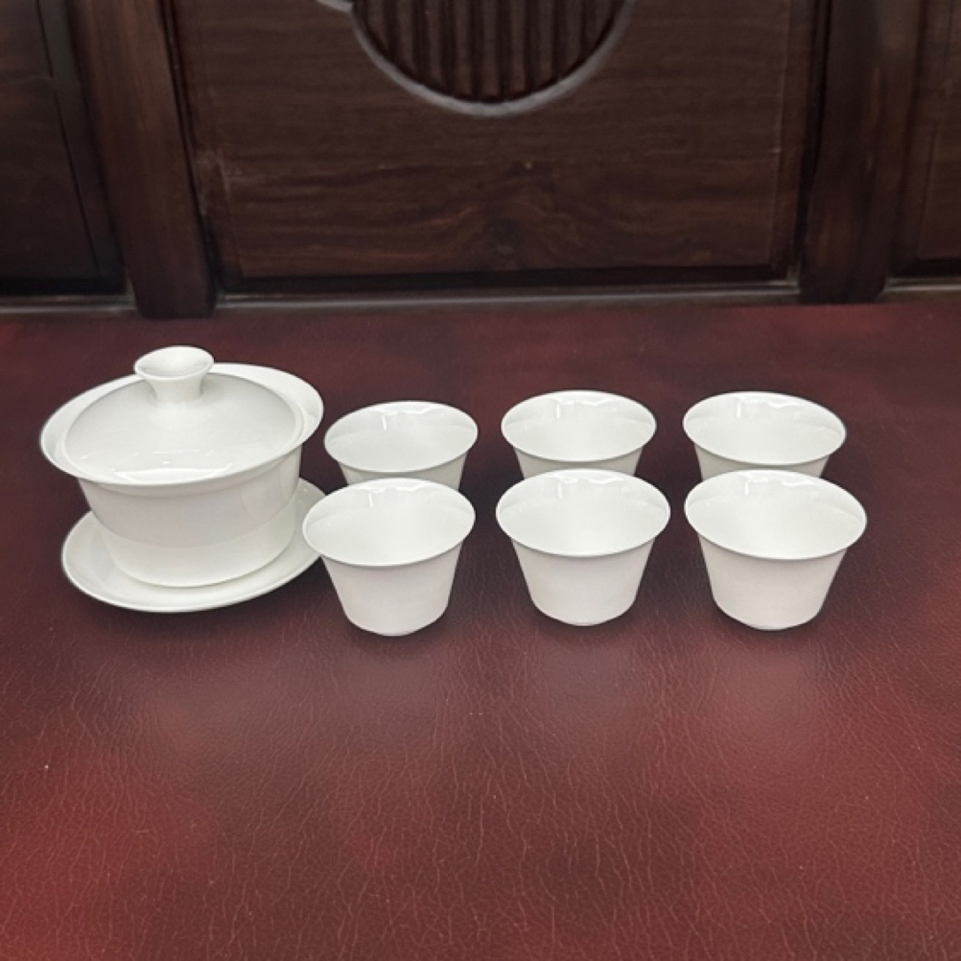 潮州超薄胎骨瓷宽直身马蹄盖碗【盖下120ml】加6个30毫升马蹄杯套装