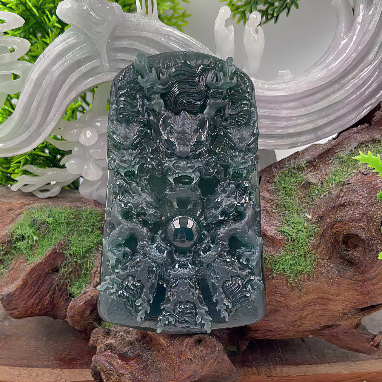 天然翡翠精雕大气仿古绿色九龙牌精美时尚气质手工雕刻挂件吊坠