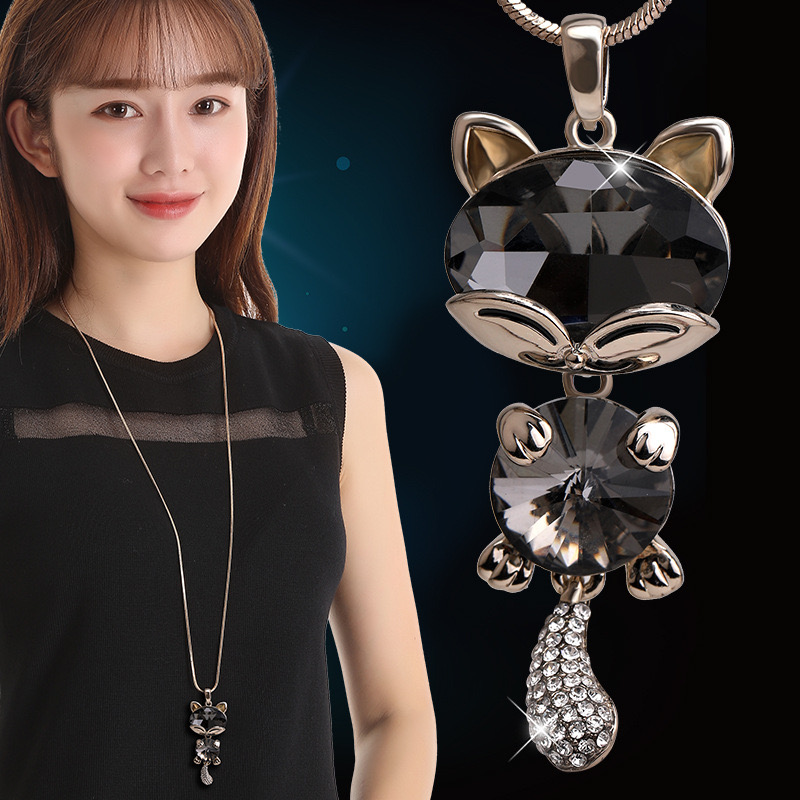 铜项链 秋冬饰品韩版小猫咪水晶时尚可爱毛衣链长款项链女配饰品