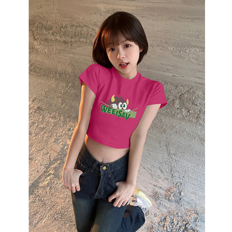 火龙果色短款短袖T恤女2024夏季新款法式辣妹掐腰显瘦小上衣
