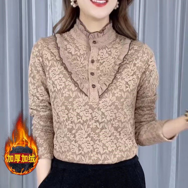 啄木鸟加绒加厚蕾丝打底衫女冬装新木耳花边领洋气保暖上衣遮肚显
