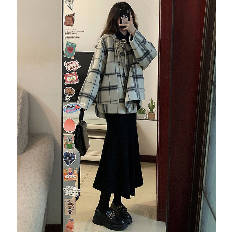 啄木鸟小香风毛呢格纹蝴蝶结大衣外套女秋冬高腰黑色鱼尾半身长裙
