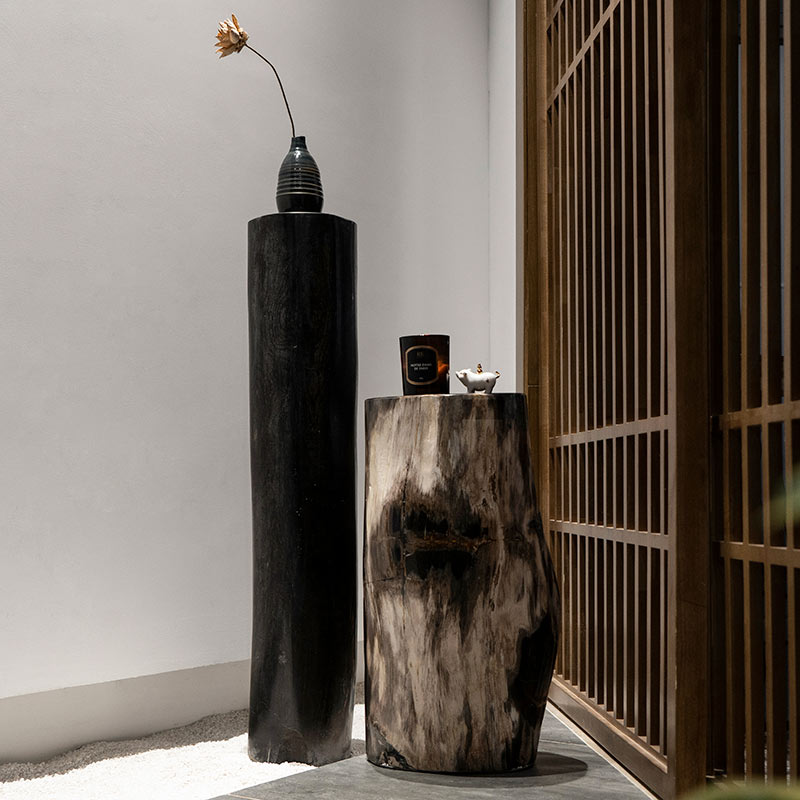 寓石林天然木化石几何落地摆件树化石高墩子展示台简约玄关花架