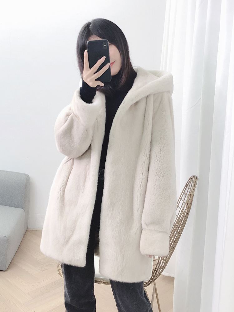 NANA｜进口天鹅绒级水貂皮草外套女休闲百搭中长款连帽冬季