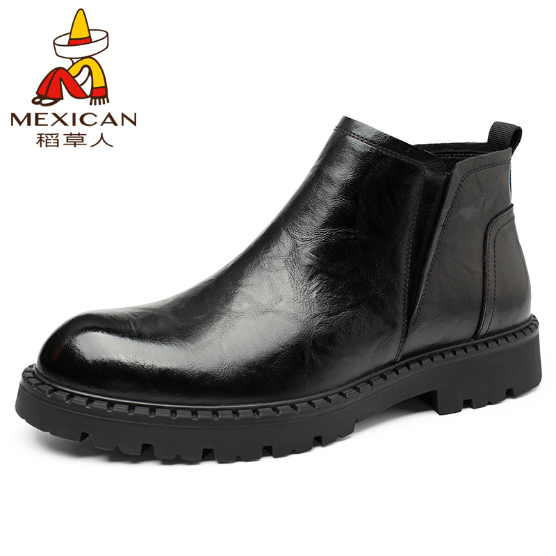 34号稻草人切尔西靴男款秋冬透气厚底沙漠工装靴真皮中帮男靴子