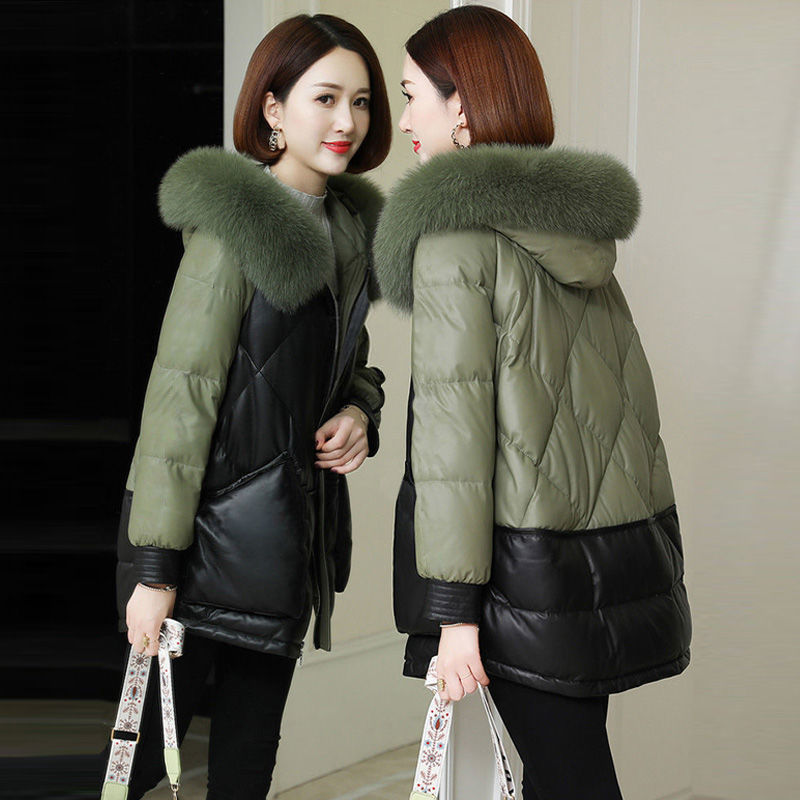 大码女装200斤羽绒服皮衣女中长款2024冬季新款PU皮羽绒袄外套连