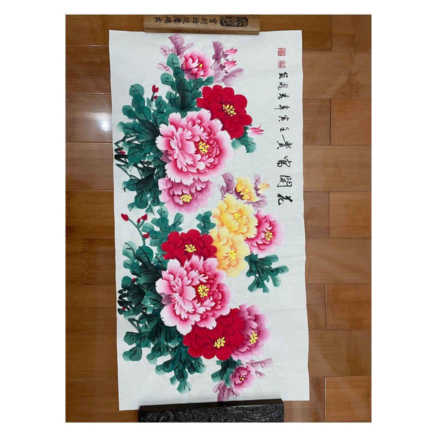 手绘国画富贵牡丹画客厅卧室横幅挂画壁画真迹新中式沙发墙走廊画