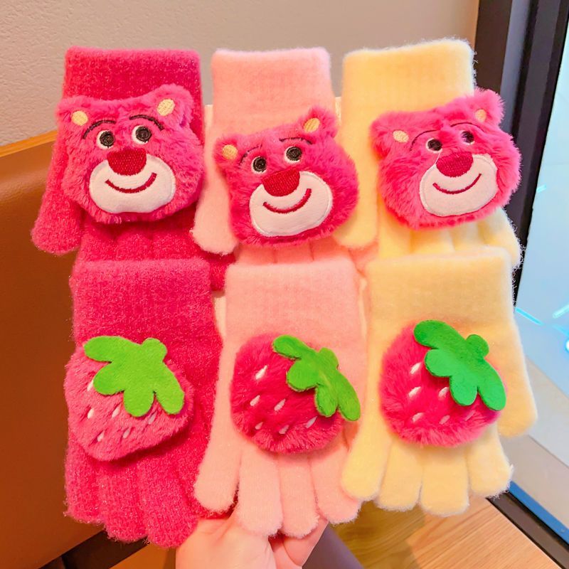 儿童手套冬季女童保暖五指草莓熊卡通女孩2-6岁3宝宝可爱分指加绒