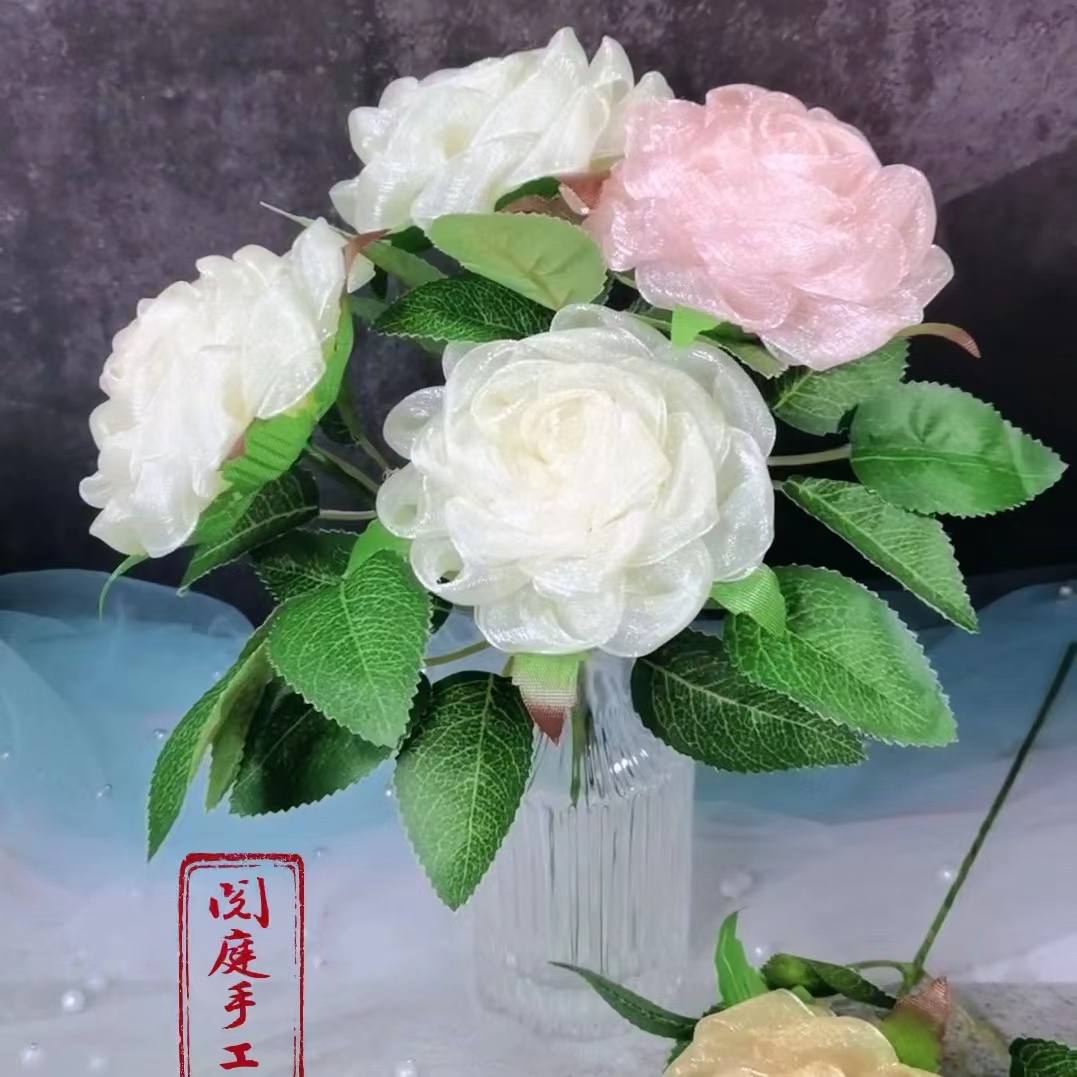 山茶花材料包雪纱带手工diy花束