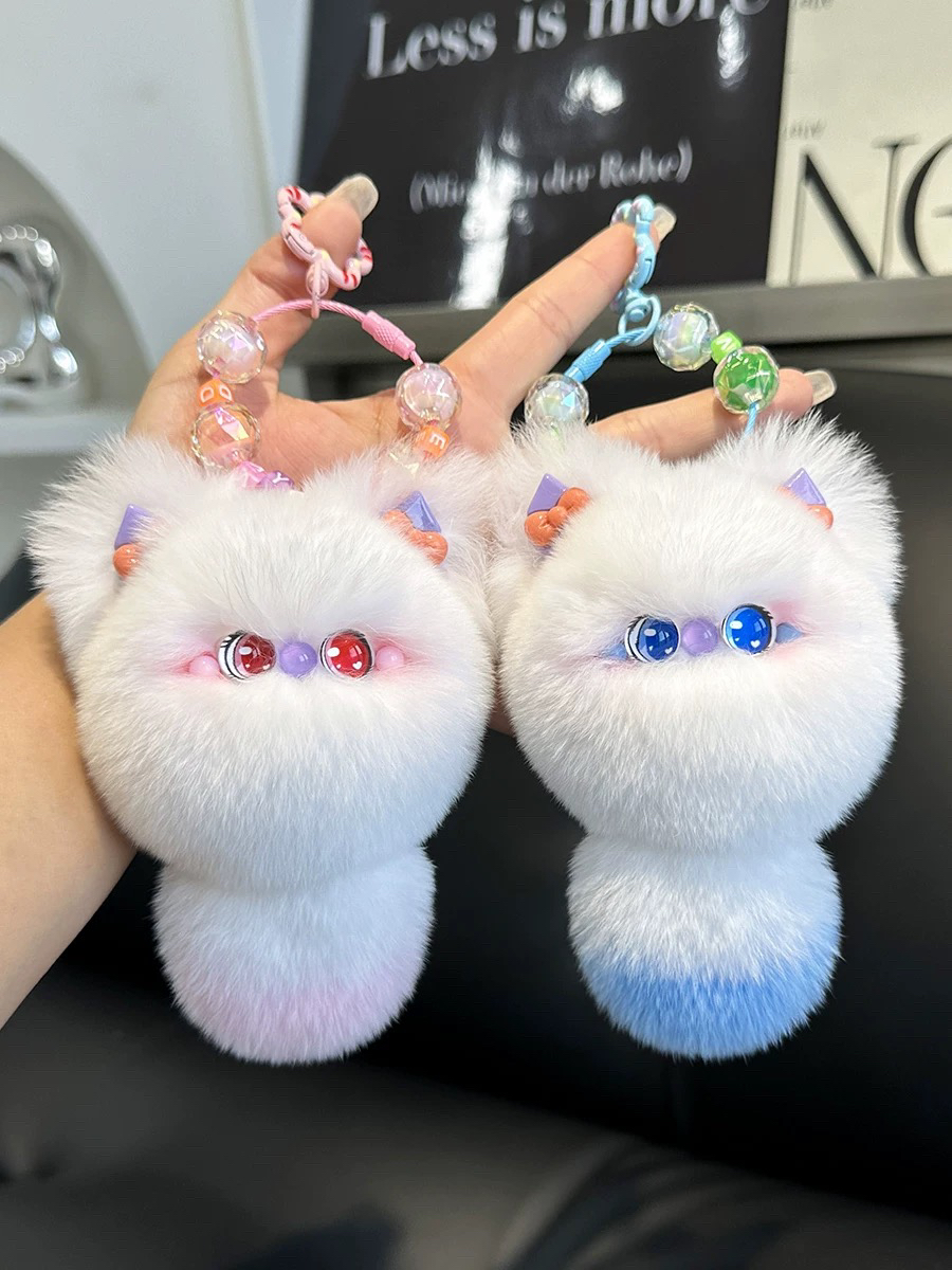 可爱小猫咪真獭兔毛汽车钥匙扣挂件毛绒球公仔玩偶书包包挂饰