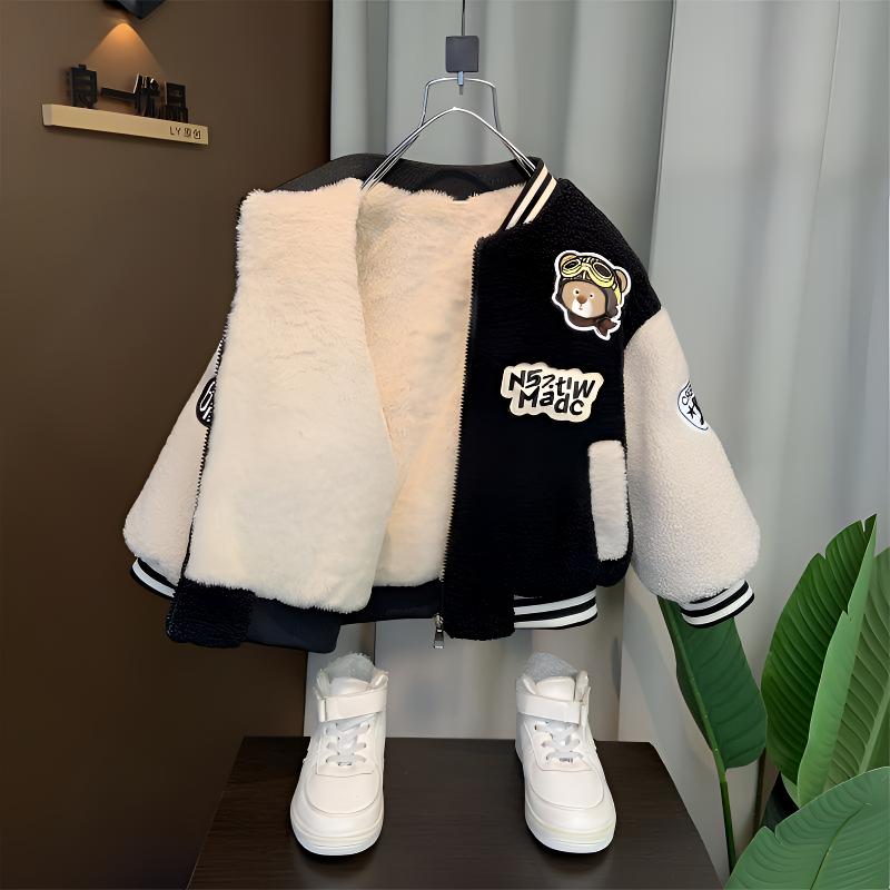 男童冬装加绒儿童棉服宝宝秋冬季加厚羊羔绒毛毛衣男孩痞帅棒球服