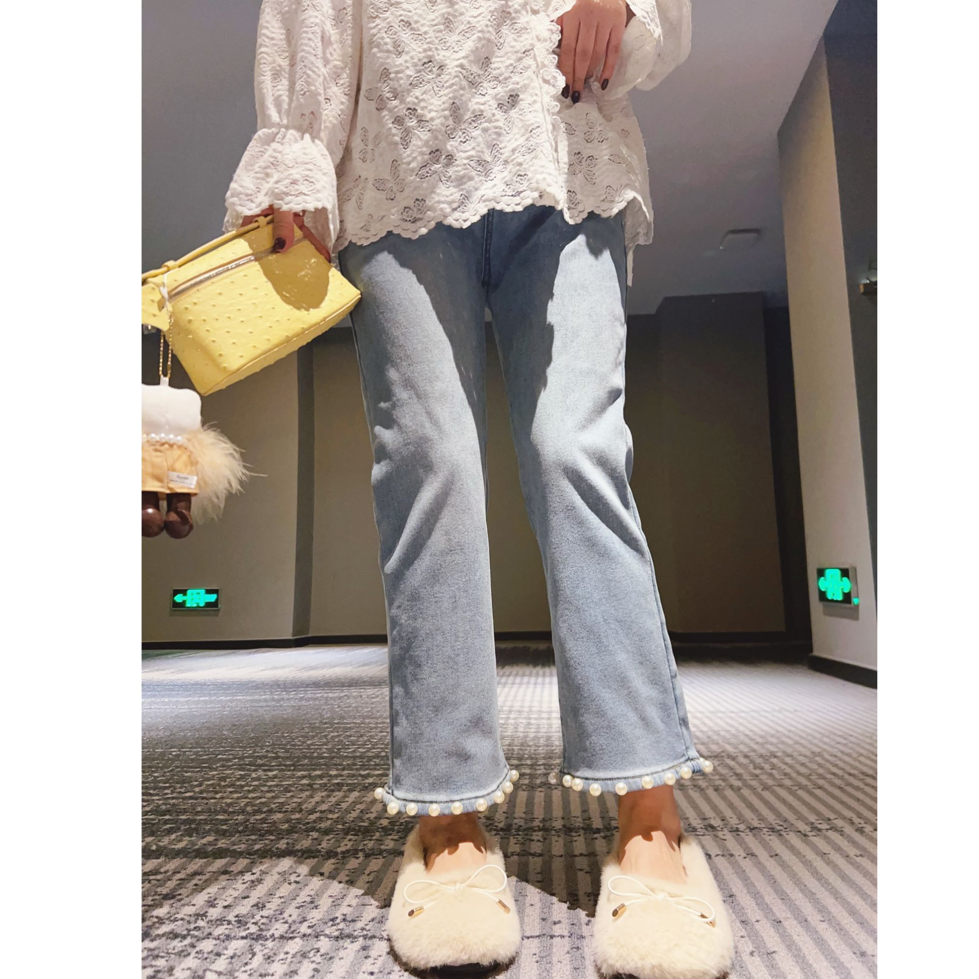 钉珠加绒牛仔裤女冬季新品高腰弹力时尚百搭加厚保暖九分裤女