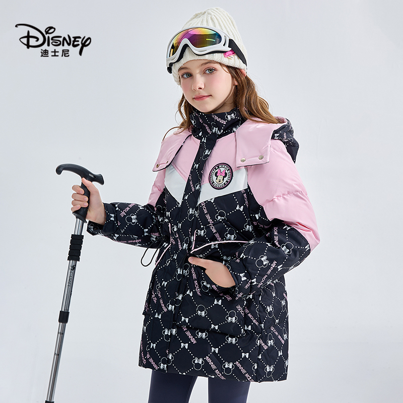 Disney/迪士尼女童冬季新款儿童羽绒服外套中长款鸭绒连帽外套