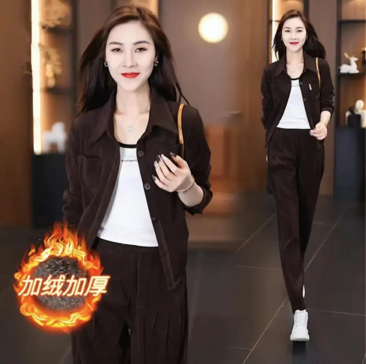 门店499~欧货加绒洋气复古减龄长袖显瘦灯芯绒休闲运动套装气质