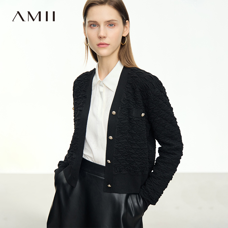 Amii优雅复古香风V领肌理提花毛织开衫女12343084