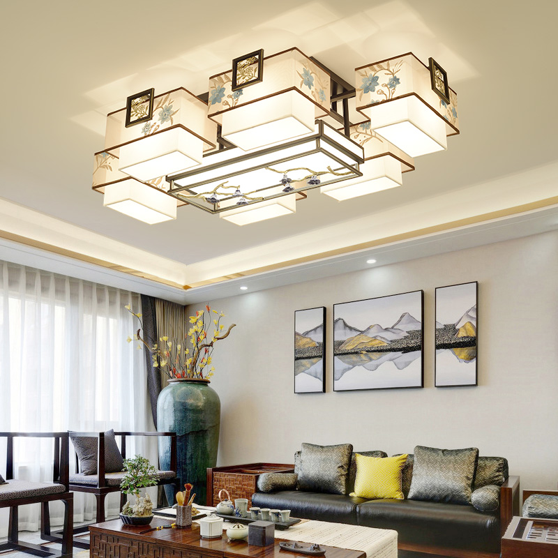新中式吸顶灯客厅卧室长方形刺绣简约现代家用大气中国风套餐灯具