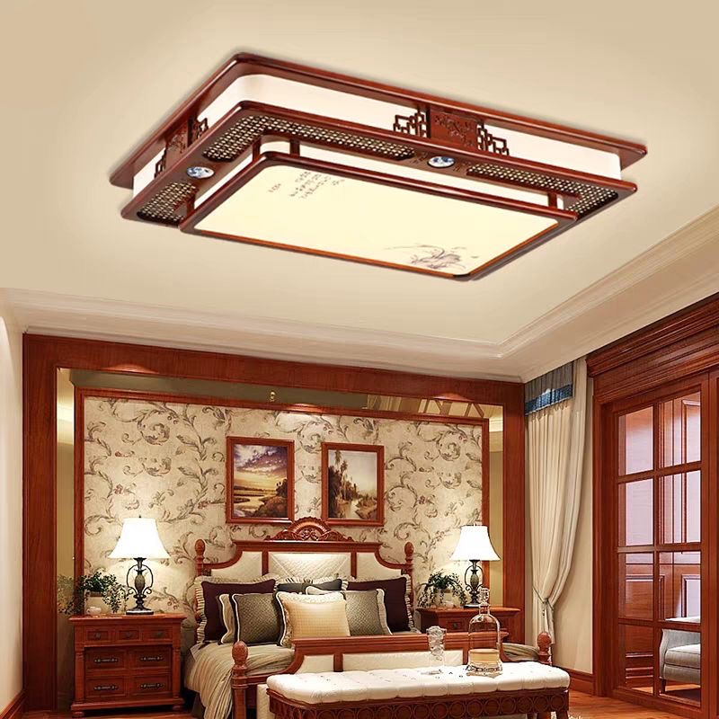 中式客厅灯吸顶灯具卧室餐厅吊灯中国风LED长方形灯实木仿古灯饰