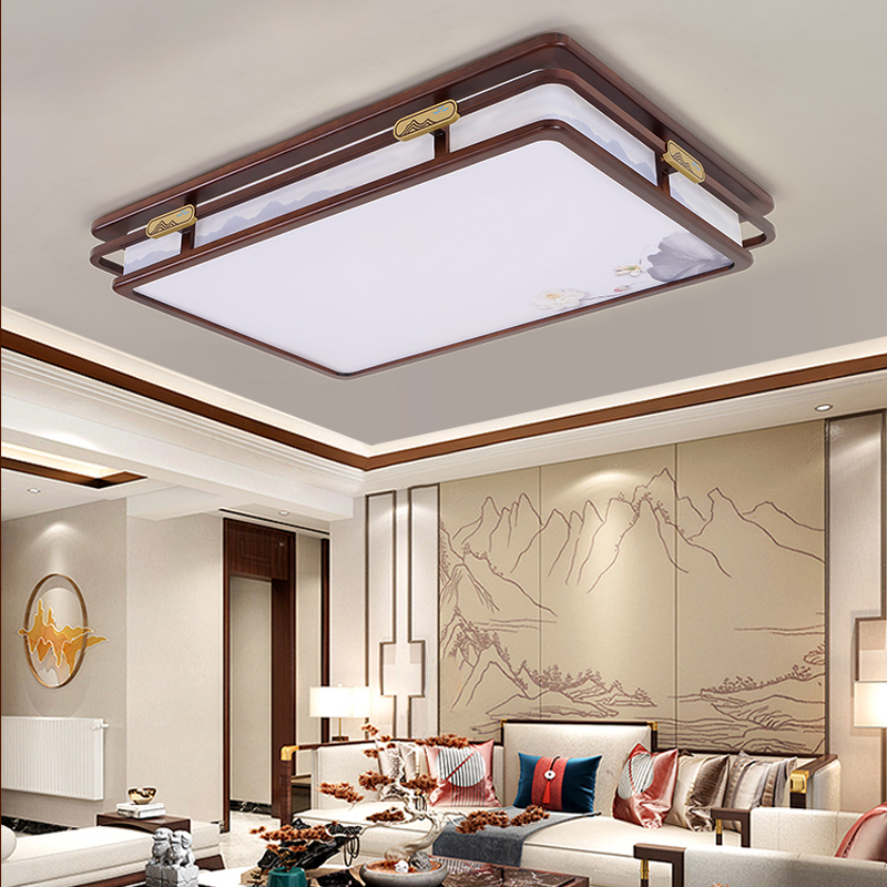 新中式吸顶灯客厅卧室长方形胡桃色金丝檀木简约现代大气实木灯具