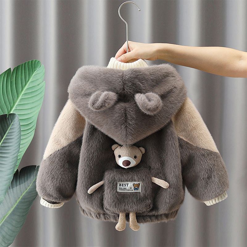 男童毛毛衣冬款新款儿童加绒加厚棉衣宝宝连帽卡通小熊棉袄潮