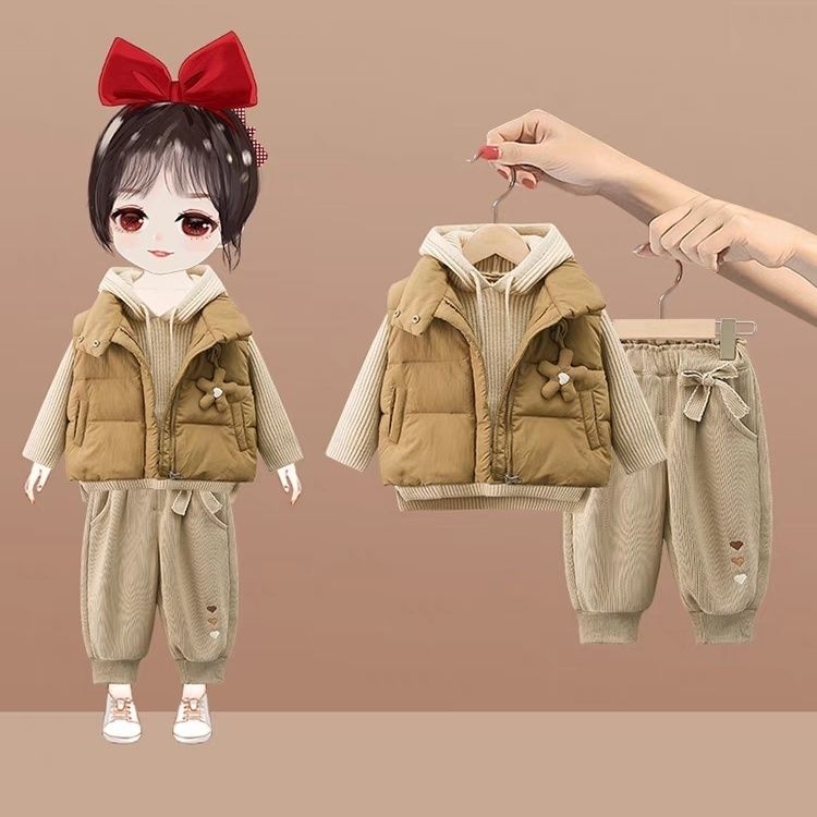 女童秋冬季套装新款时尚宝宝保暖加厚马甲宝宝长袖裤子三件套