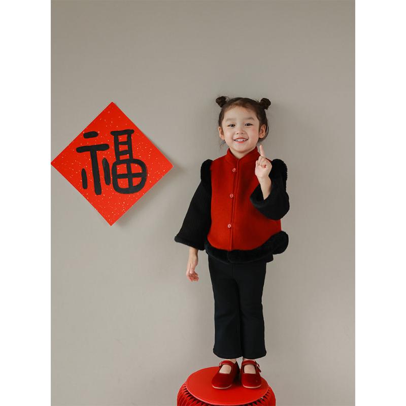 女童冬季新款中式旗袍马甲宝宝中国风拜年服加绒加厚保暖年服