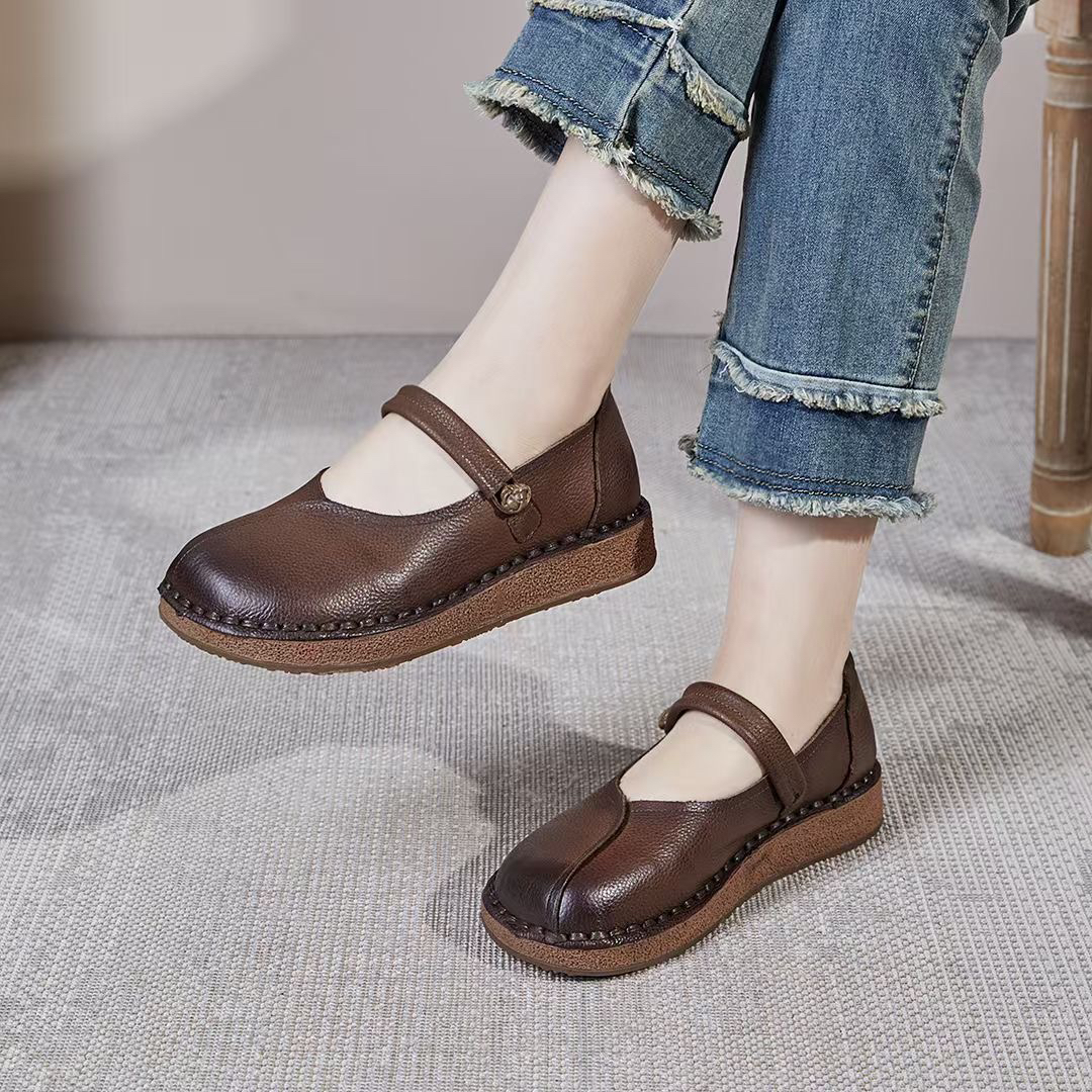 佰芬2024早秋款头层牛皮厚底真皮软底休闲舒适百搭圆头民防滑女鞋