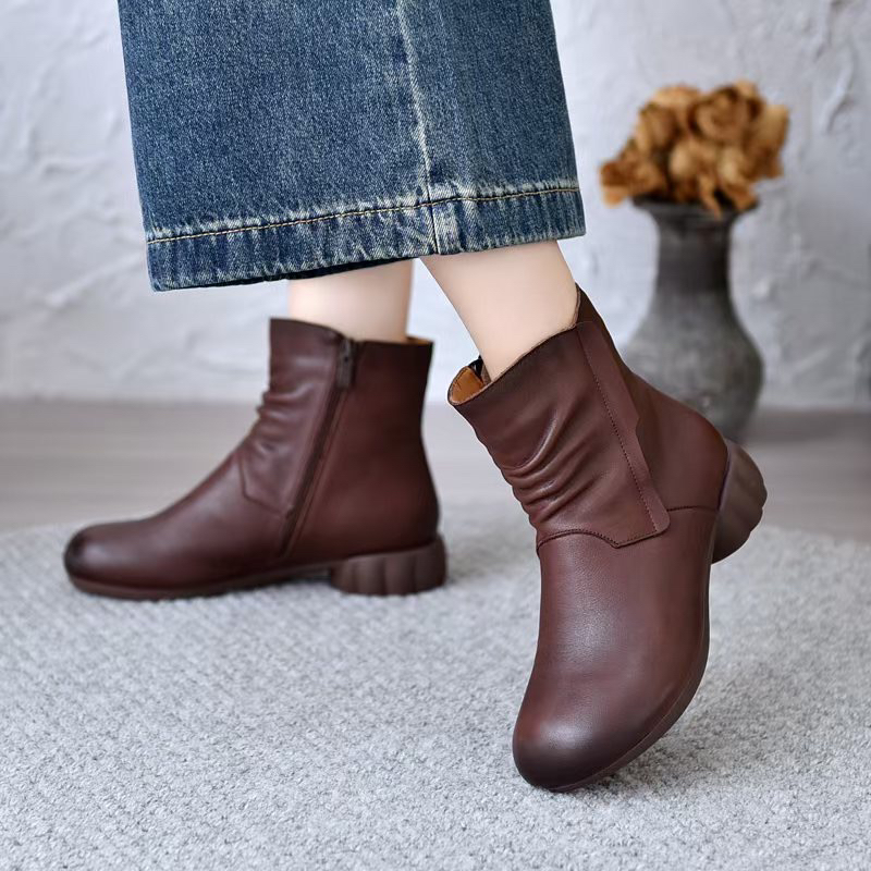 复古手工真皮女靴舒适软底圆头短靴百搭牛皮靴子方跟