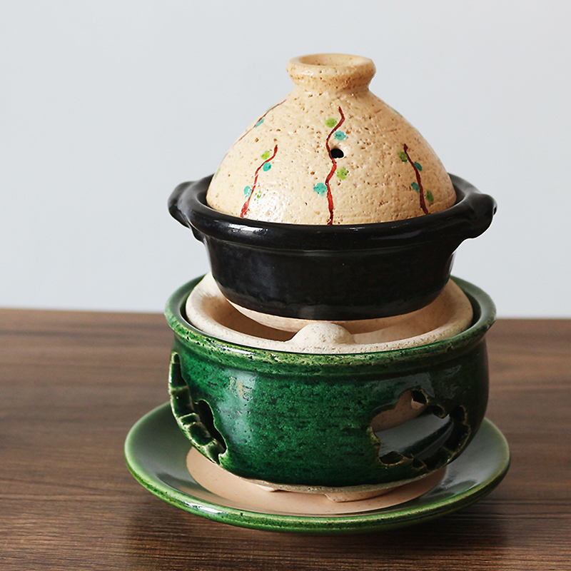 日本原装进口有田烧织部迷你一人小火锅酒精炉套装手绘小砂锅土锅