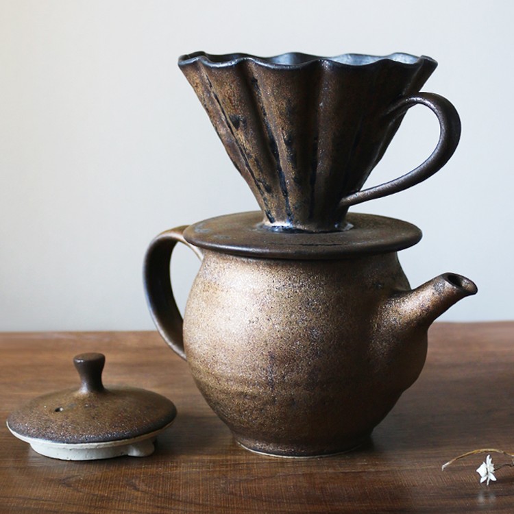 日本进口独步炎手作炭化灰釉金釉咖啡滤壶套装手冲咖啡滤杯分享壶