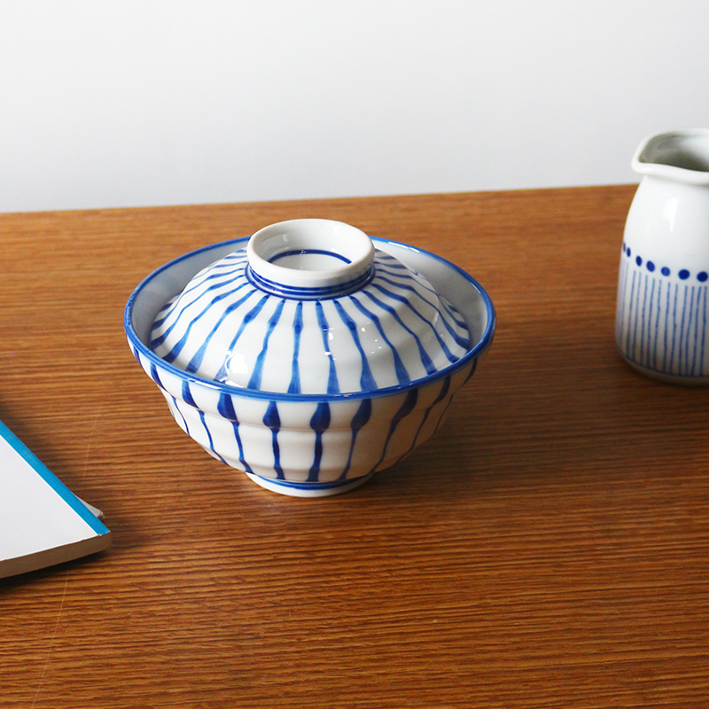 【段蓝十草盖碗】日本进口美浓烧茶碗带盖饭碗蒸蛋碗日式餐具陶瓷